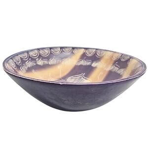 Handcrafted Product of Kenya Elegant Purple and Cream Floral Soapstone Bowl 6" D